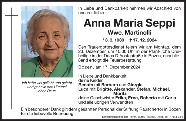 Traueranzeige von Anna Maria Martinolli von Dolomiten