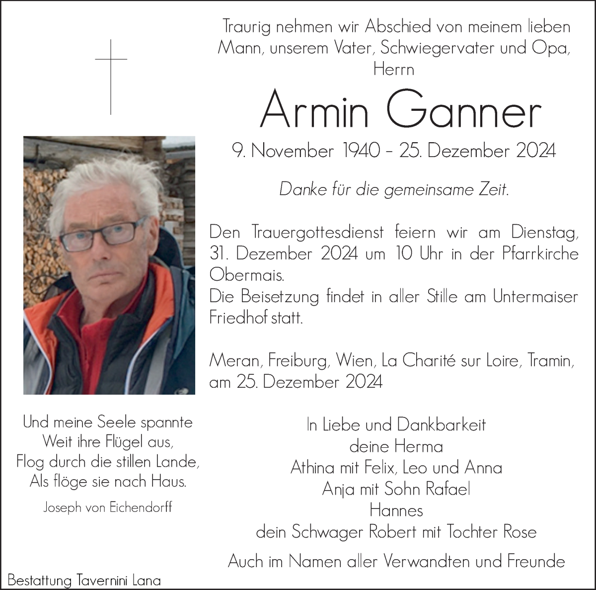  Traueranzeige für Armin Ganner vom 28.12.2024 aus Dolomiten