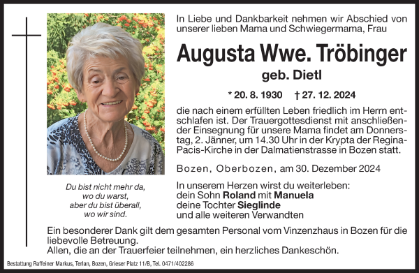 Traueranzeige von Augusta Tröbinger von Dolomiten