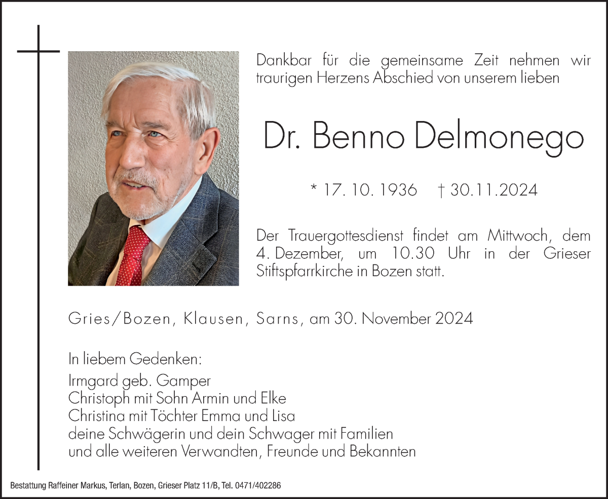  Traueranzeige für Benno Delmonego vom 02.12.2024 aus Dolomiten