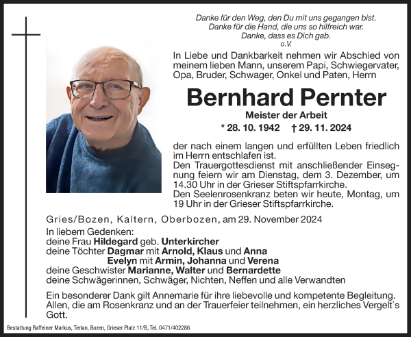 Traueranzeige von Bernhard Pernter von Dolomiten