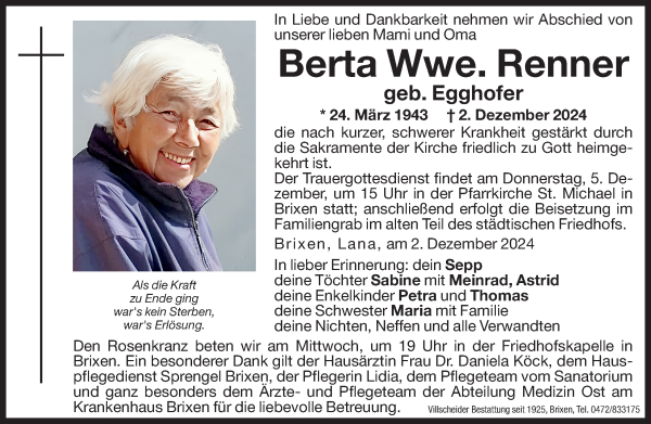 Traueranzeige von Berta Renner von Dolomiten