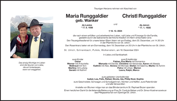 Traueranzeige von Christl Runggaldier von Dolomiten