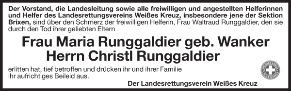 Traueranzeige von Christl Runggaldier von Dolomiten