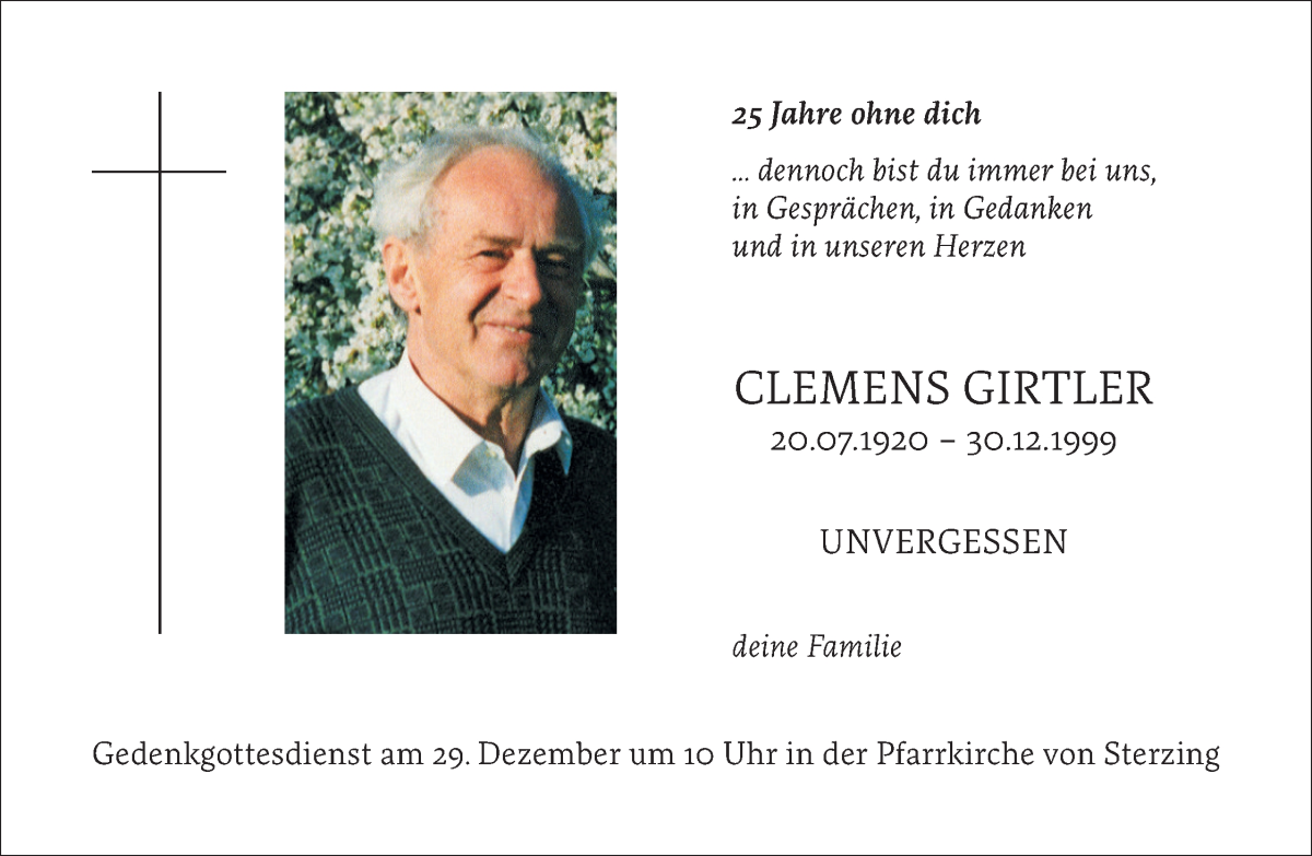  Traueranzeige für Clemens Girtler vom 27.12.2024 aus Dolomiten