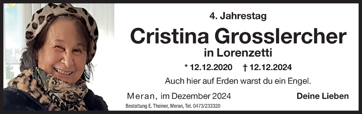  Traueranzeige für Cristina Grosslercher vom 12.12.2024 aus Dolomiten