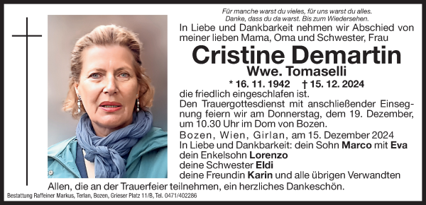 Traueranzeige von Cristine Tomaselli von Dolomiten