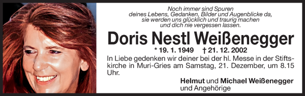 Traueranzeige von Doris Weißenegger von Dolomiten