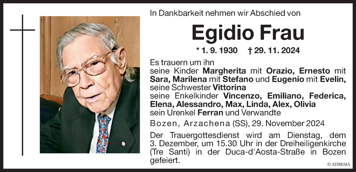  Traueranzeige für Egidio Frau vom 02.12.2024 aus Dolomiten