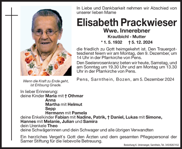 Traueranzeige von Elisabeth Innerebner von Dolomiten