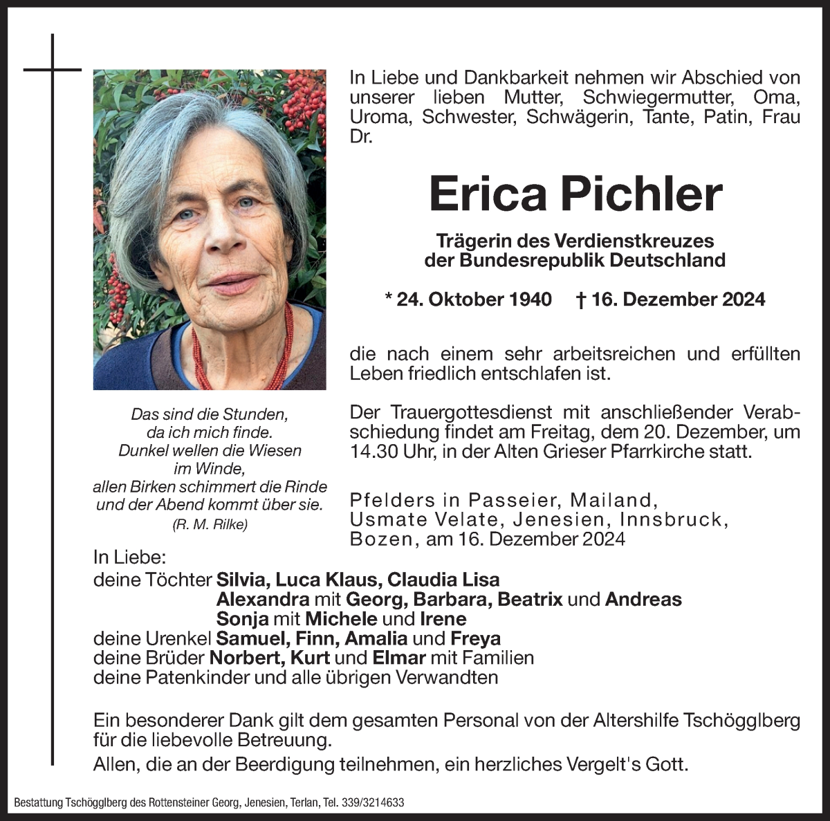  Traueranzeige für Erica Pichler vom 18.12.2024 aus Dolomiten