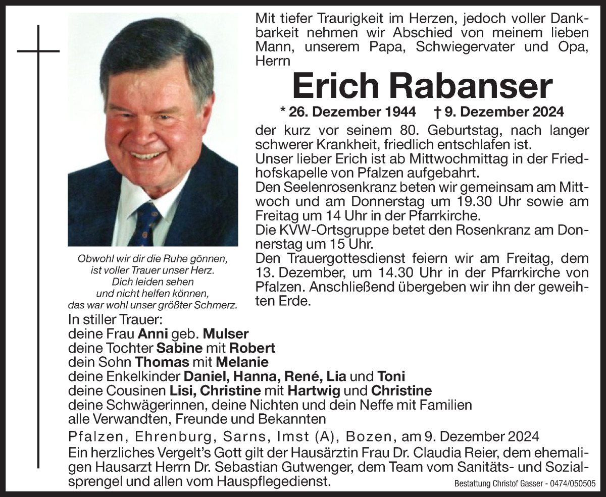  Traueranzeige für Erich Rabanser vom 11.12.2024 aus Dolomiten