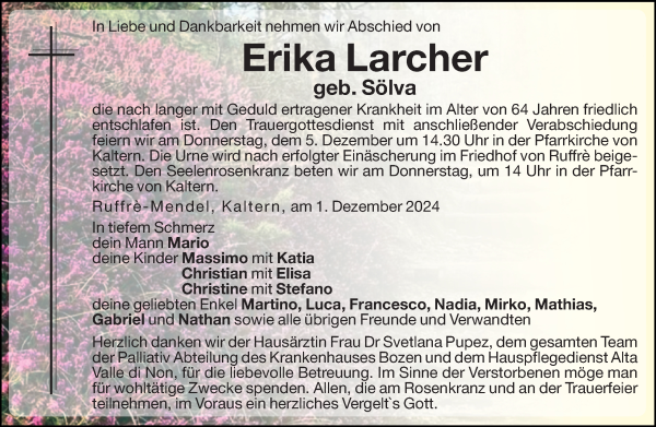 Traueranzeige von Erika Larcher von Dolomiten