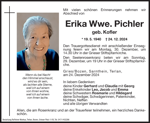 Traueranzeige von Erika Pichler von Dolomiten