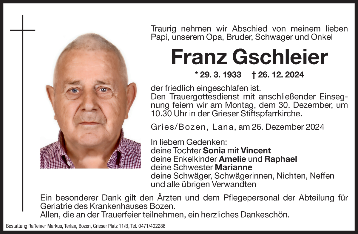  Traueranzeige für Franz Gschleier vom 27.12.2024 aus Dolomiten