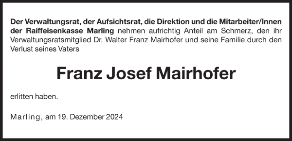 Traueranzeige von Franz Mairhofer von Dolomiten