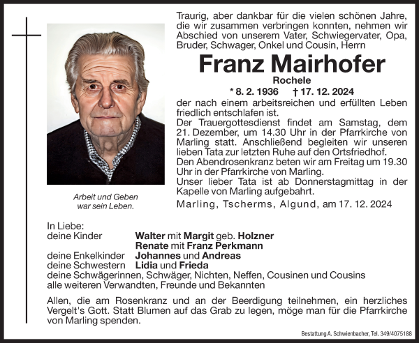 Traueranzeige von Franz Mairhofer von Dolomiten