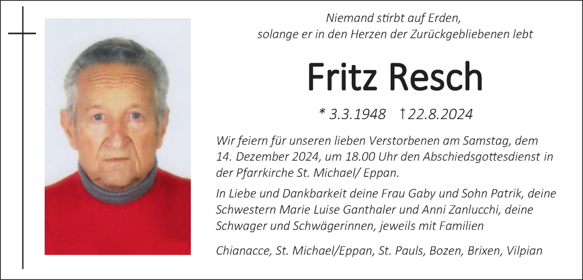  Traueranzeige für Fritz Resch vom 13.12.2024 aus Dolomiten