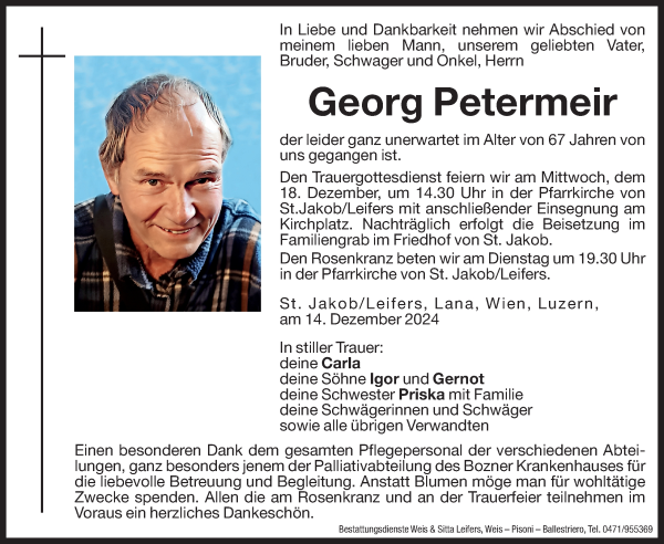 Traueranzeige von Georg Petermeir von Dolomiten