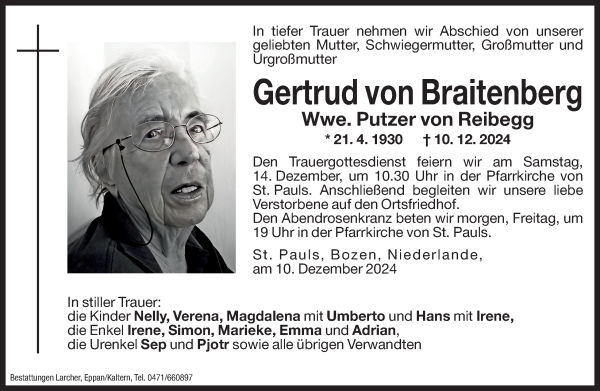 Traueranzeige von Gertrud Putzer von Reibegg von Dolomiten