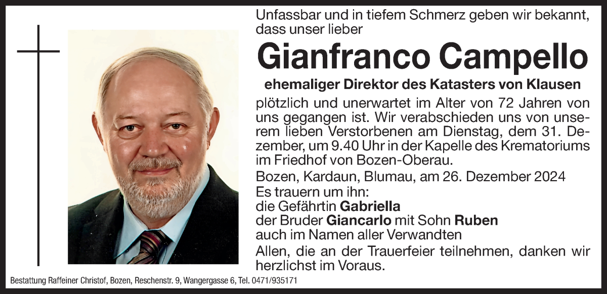  Traueranzeige für Gianfranco Campello vom 30.12.2024 aus Dolomiten