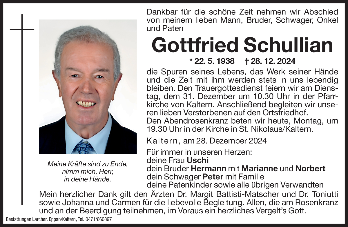  Traueranzeige für Gottfried Schullian vom 30.12.2024 aus Dolomiten