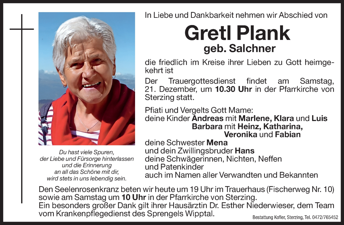  Traueranzeige für Gretl Plank vom 20.12.2024 aus Dolomiten