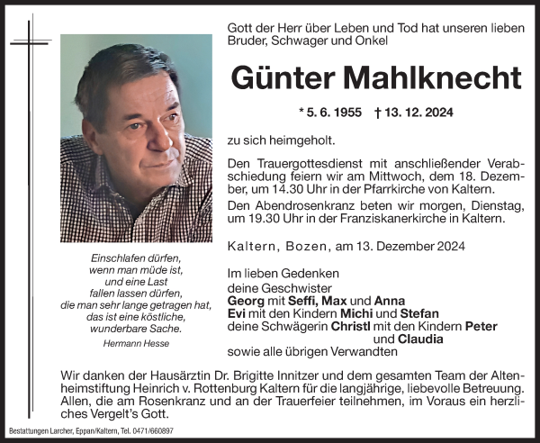 Traueranzeige von Günter Mahlknecht von Dolomiten