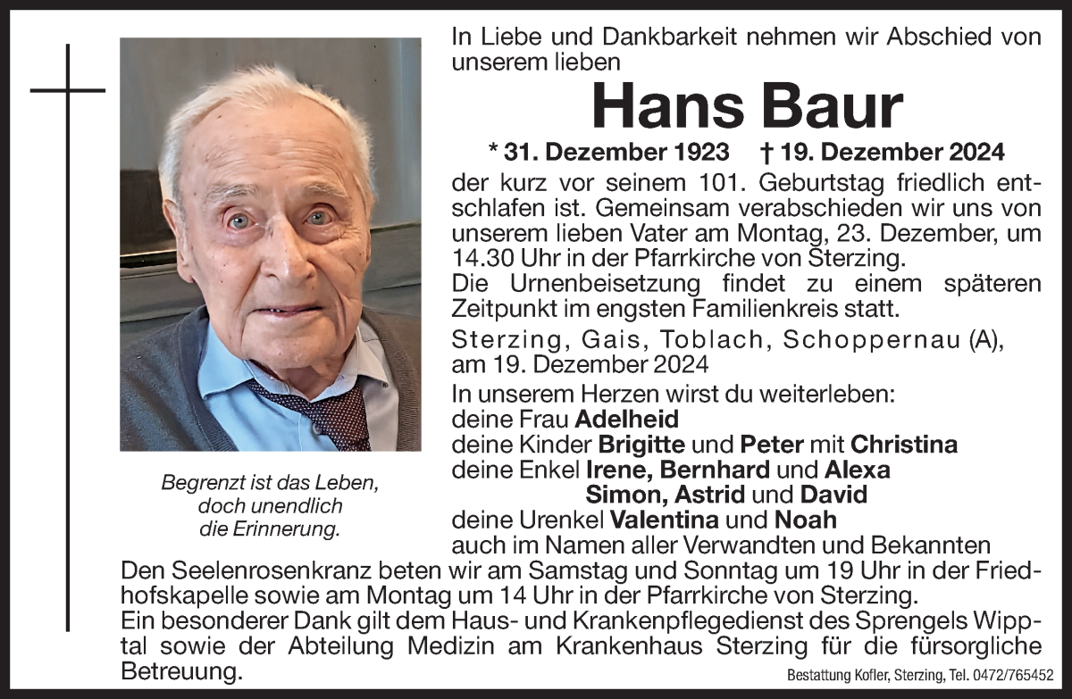  Traueranzeige für Hans Baur vom 20.12.2024 aus Dolomiten