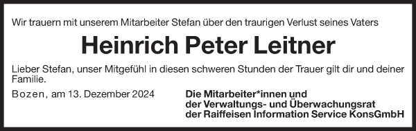Traueranzeige von Heinrich Peter Leitner von Dolomiten