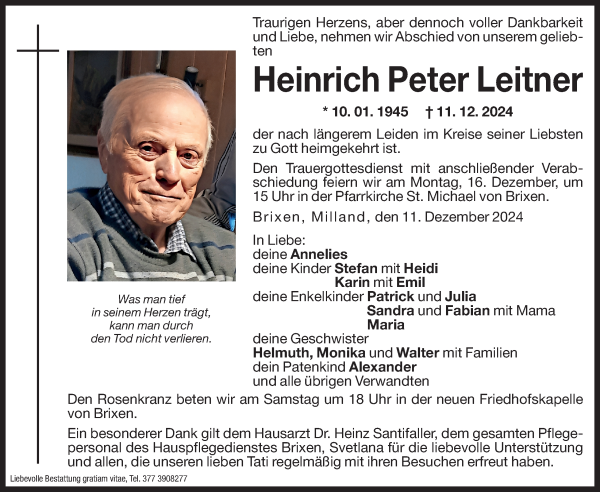 Traueranzeige von Heinrich Peter Leitner von Dolomiten