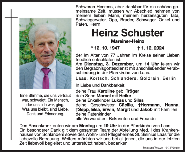 Traueranzeige von Heinz Schuster von Dolomiten