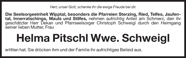 Traueranzeige von Helma Schweigl von Dolomiten