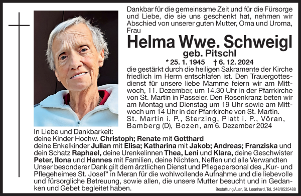 Traueranzeige von Helma Schweigl von Dolomiten