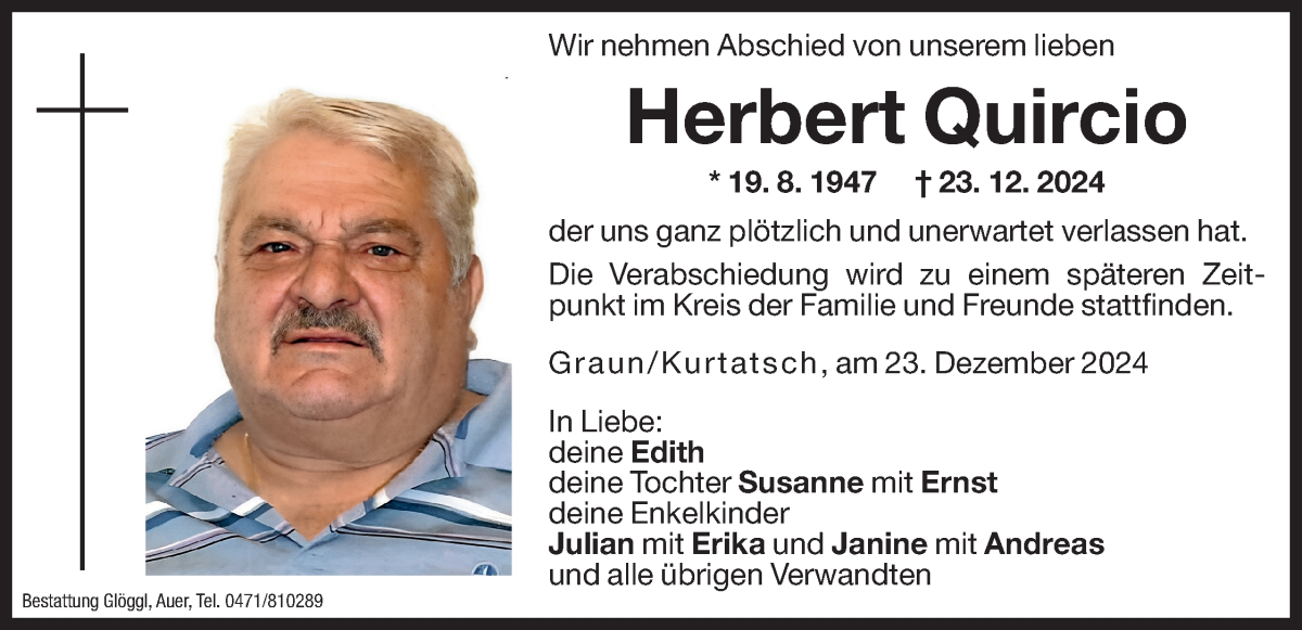  Traueranzeige für Herbert Quircio vom 27.12.2024 aus Dolomiten