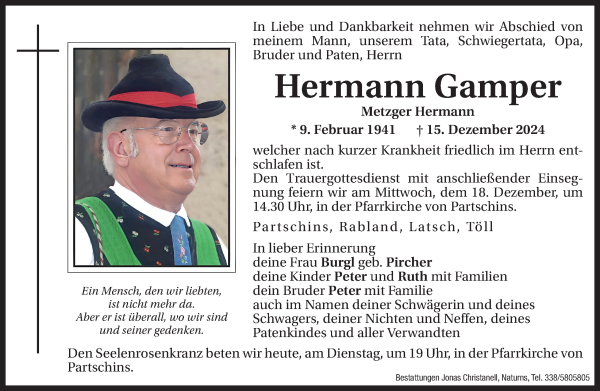 Traueranzeige von Hermann Gamper von Dolomiten