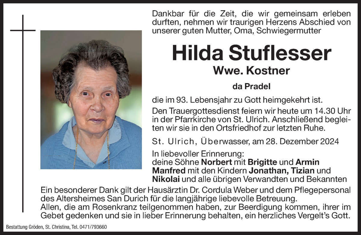  Traueranzeige für Hilda Kostner vom 30.12.2024 aus Dolomiten