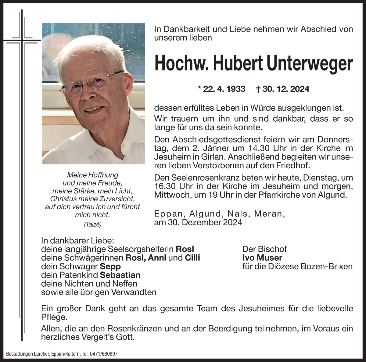  Traueranzeige für Hochw. Hubert Unterweger vom 31.12.2024 aus Dolomiten