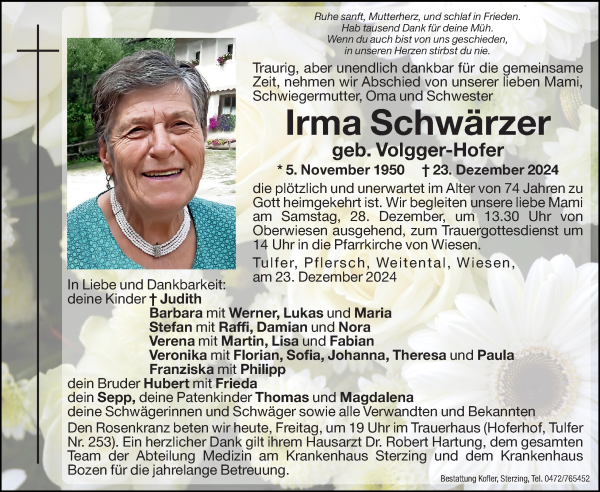 Traueranzeige von Irma Schwärzer von Dolomiten