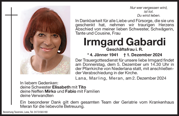 Traueranzeige von Irmgard Gabardi von Dolomiten