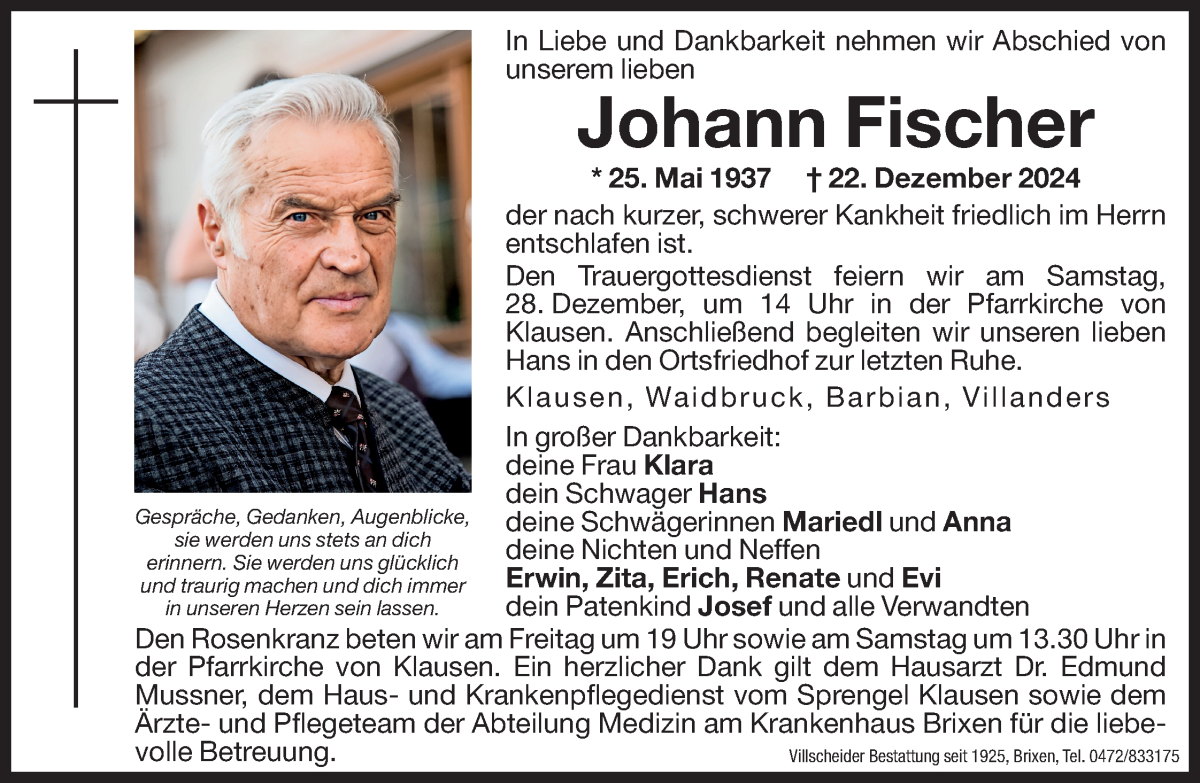  Traueranzeige für Johann Fischer vom 27.12.2024 aus Dolomiten