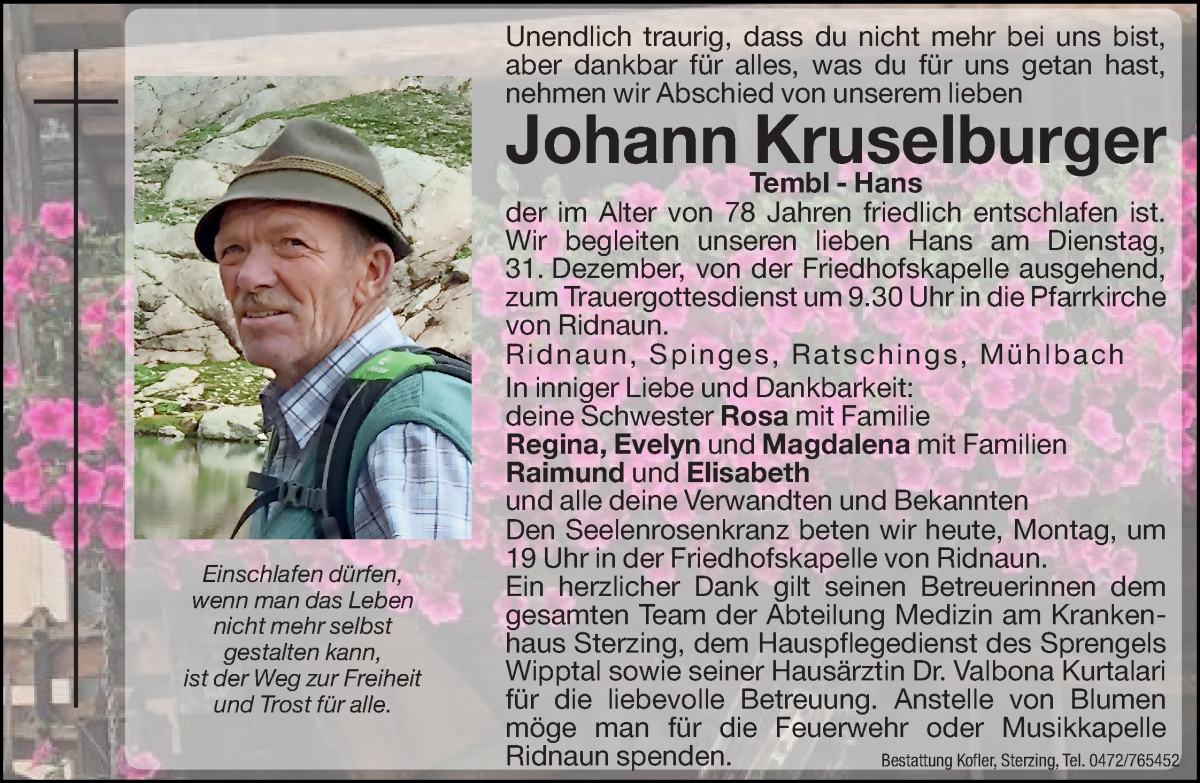  Traueranzeige für Johann Kruselburger vom 30.12.2024 aus Dolomiten