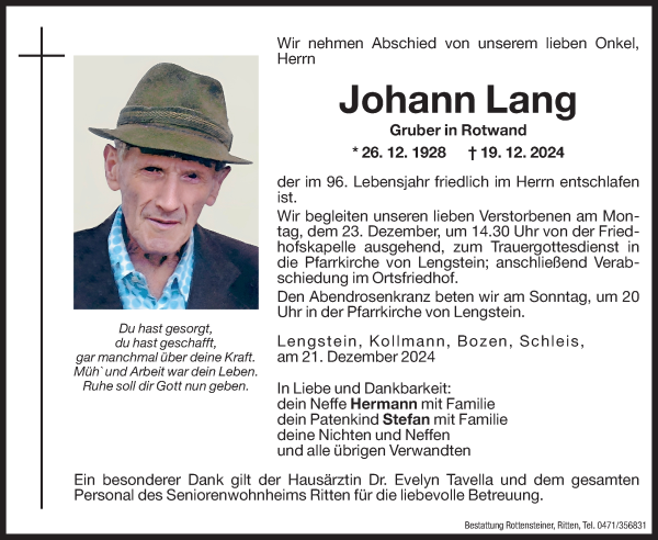 Traueranzeige von Johann Lang von Dolomiten