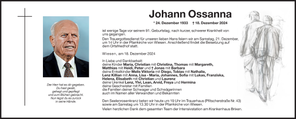 Traueranzeige von Johann Ossanna von Dolomiten