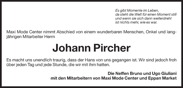 Traueranzeige von Johann Pircher von Dolomiten