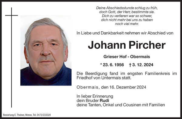 Traueranzeige von Johann Pircher von Dolomiten