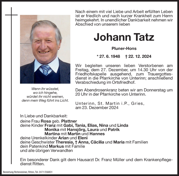 Traueranzeige von Johann Tatz von Dolomiten