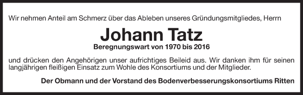 Traueranzeige von Johann Tatz von Dolomiten