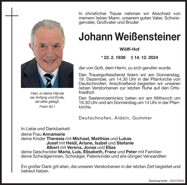 Traueranzeige von Johann Weißensteiner von Dolomiten