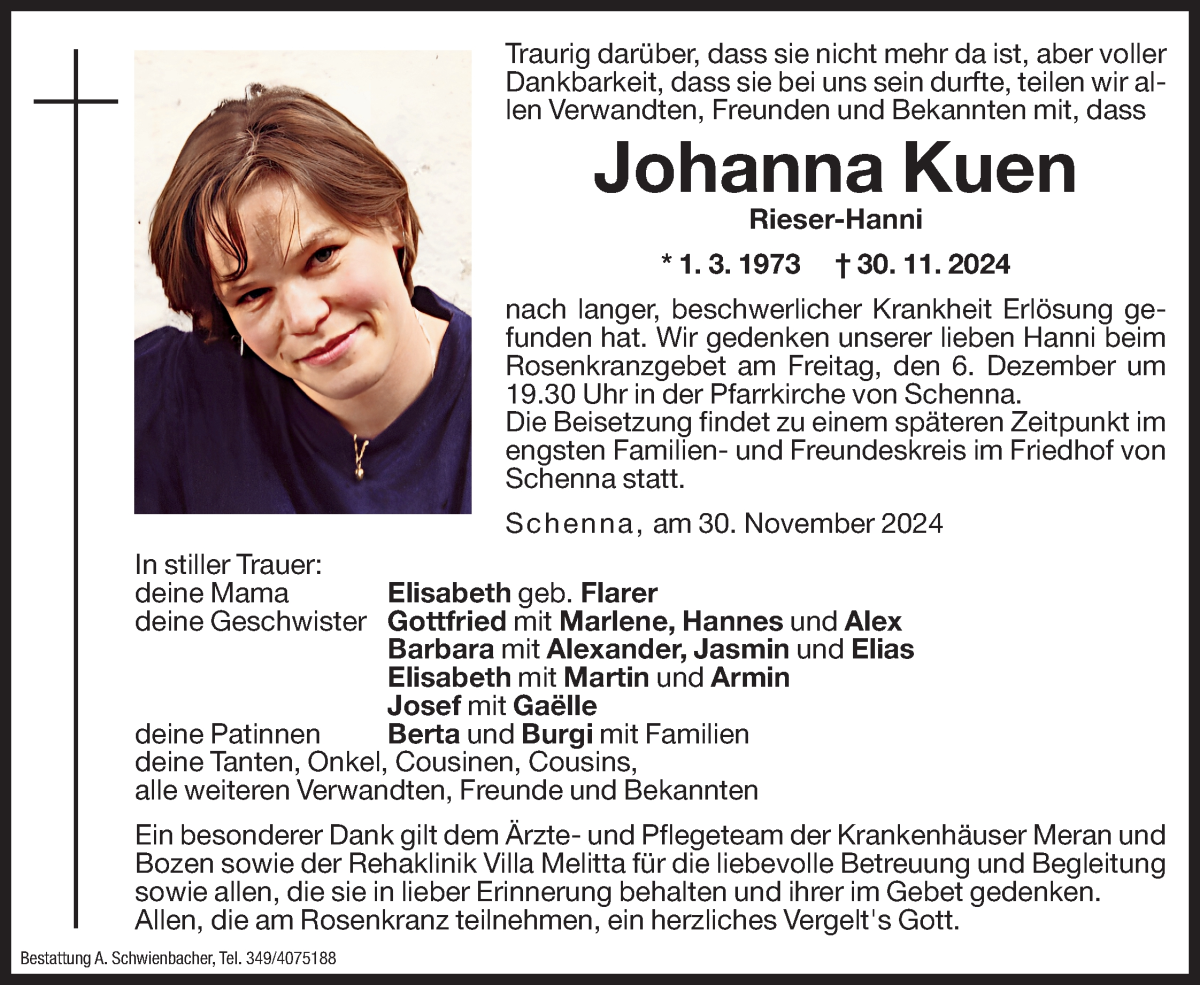  Traueranzeige für Johanna Kuen vom 04.12.2024 aus Dolomiten